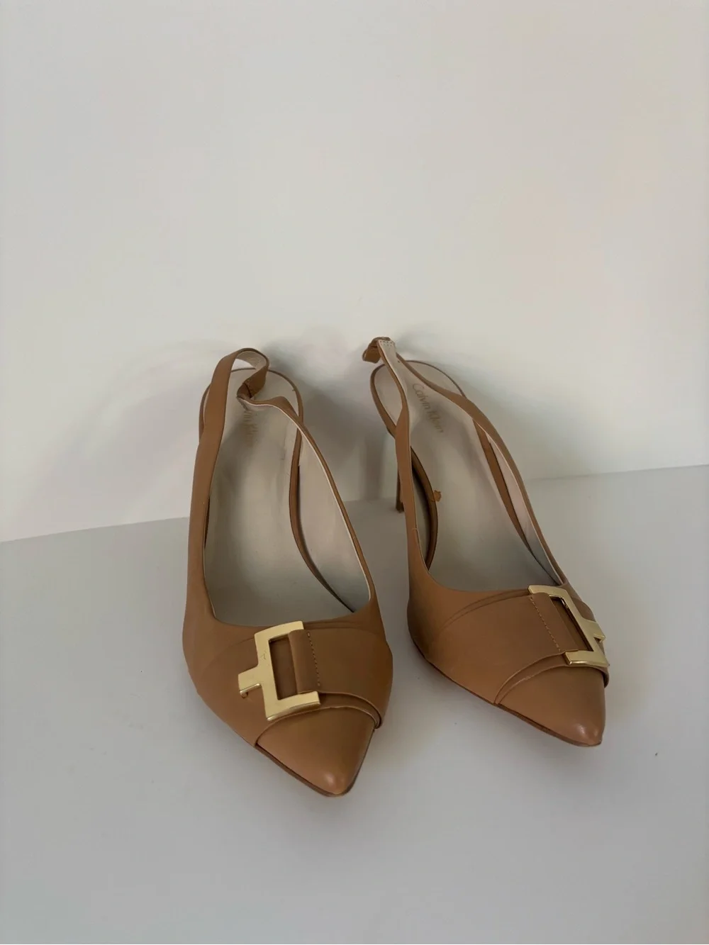 Calvin Klein Women's Tan Pointed-Toe Slingback Pumps with Gold Accent